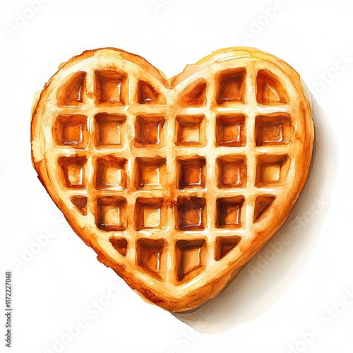 Heart-Shaped Waffle Watercolor Illustration, A charming watercolor painting of a golden, heart-shaped waffle with crisp texture and warm tones, perfect for breakfast-themed designs.


