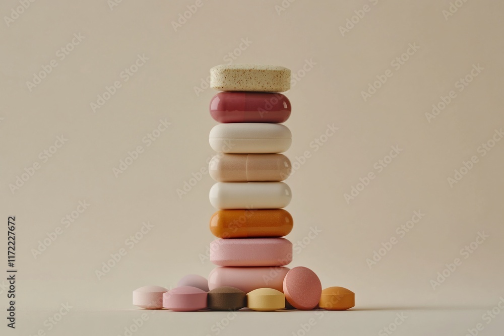 A stack of colorful tablets and supplements against a soft background. A stack of colorful tablets and supplements against a soft background.