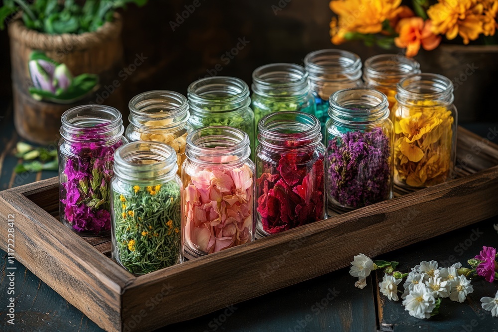 A vibrant display of floral tea varieties, including hibiscus, jasmine, and chrysanthemum, presented in small transparent jars with a rustic wooden tray A vibrant display of floral tea varieties, including hibiscus, jasmine, and chrysanthemum, presented in small transparent jars with a rustic wooden tray