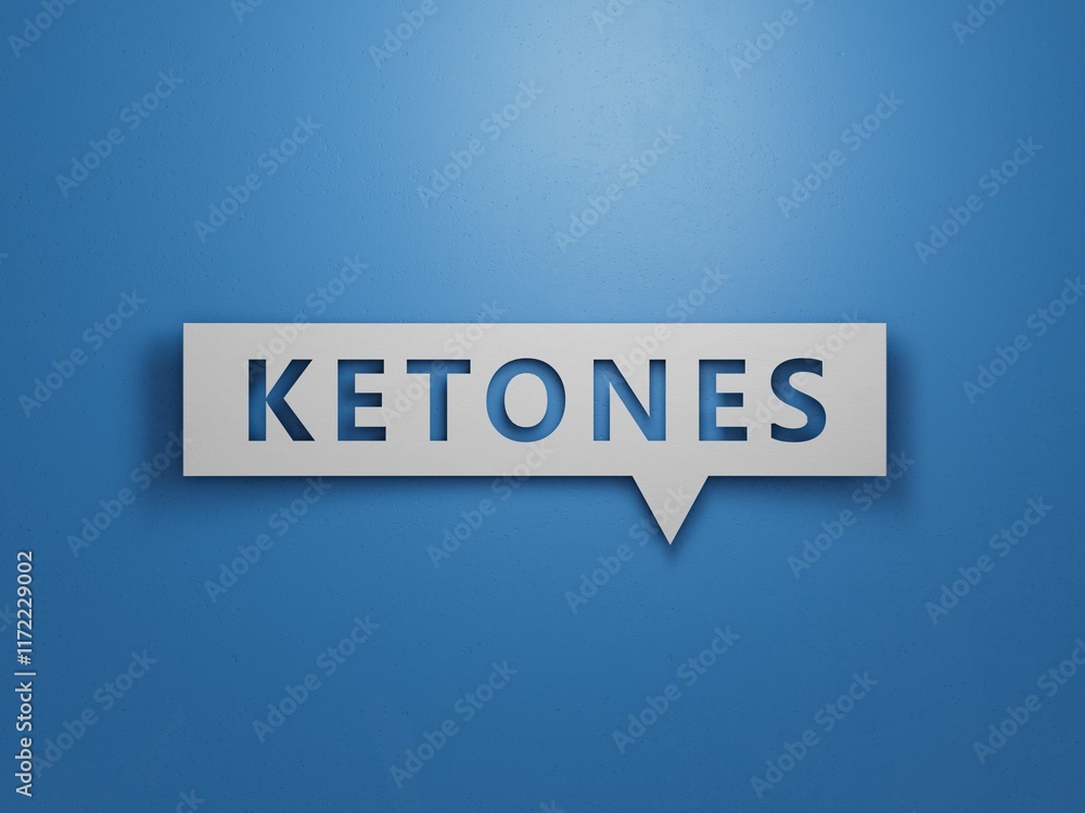KETONES the word on Speech Bubble, cubes. Medicine concept.Minimalist Abstract Design With White Cut Out Paper.3D rendering on blue background. KETONES the word on Speech Bubble, cubes. Medicine concept.Minimalist Abstract Design With White Cut Out Paper.3D rendering on blue background.