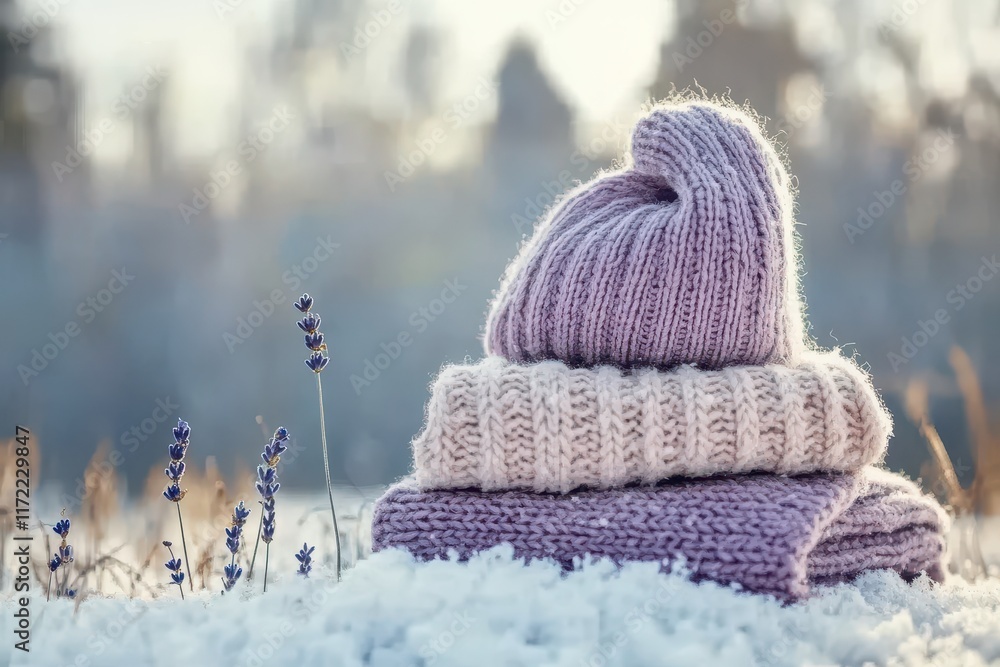 Stack of cozy knitted hats and scarves in winter. Perfect for blogs, websites, or social media posts about winter fashion, warmth, or handmade items. Stack of cozy knitted hats and scarves in winter. Perfect for blogs, websites, or social media posts about winter fashion, warmth, or handmade items.