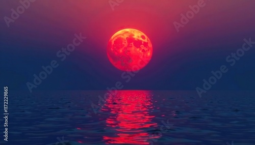 Wallpaper Mural Red full moon rises above the horizon of a calm sea, natural, sky, calm Torontodigital.ca