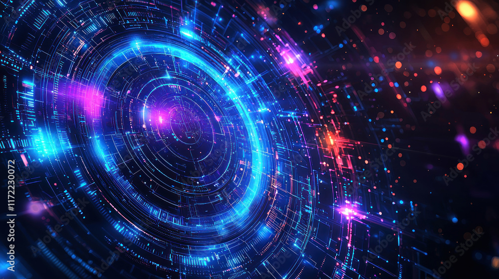 Glowing circular HUD interface with data streams on dark background Glowing circular HUD interface with data streams on dark background