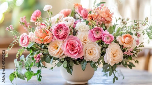 A charming vase brimming with delicate pink and white flowers sits gracefully on a table, radiating love and warmth for Valentine's Day.