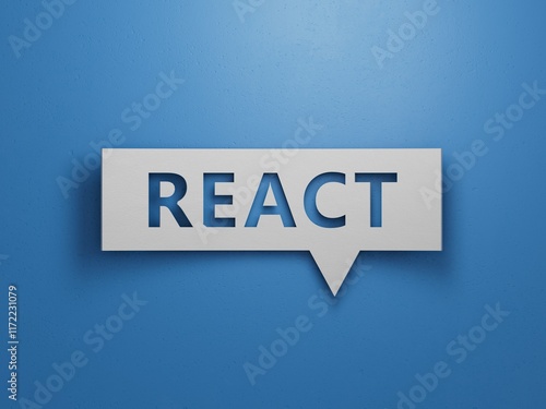 text react javascript library.Minimalist Abstract Design With White Cut Out Paper.3D rendering on blue background.