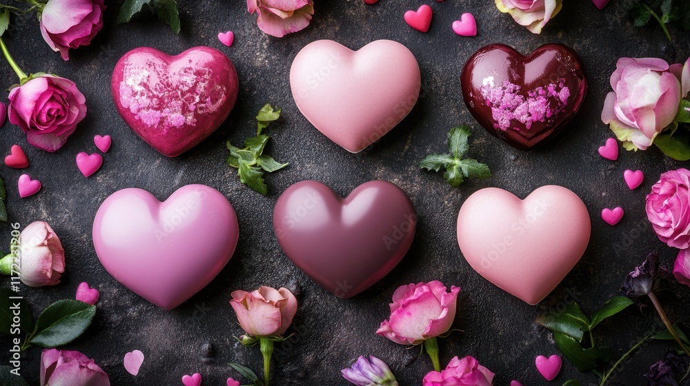 Obraz premium A romantic arrangement of delicate pink hearts and vibrant roses rests elegantly on a sleek black surface, celebrating love's enchanting beauty.