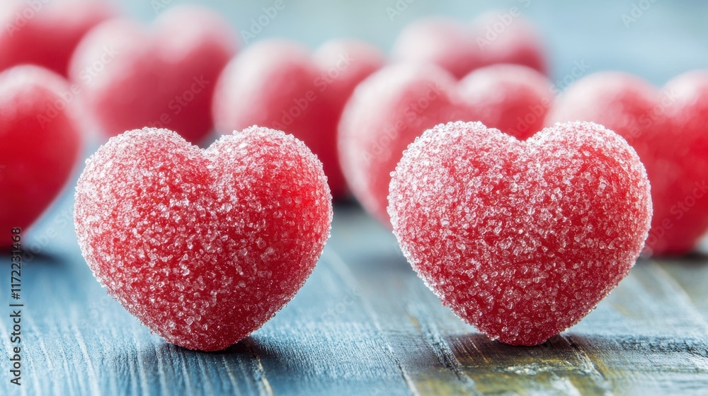 Obraz premium A cascade of vibrant red hearts adorns a table, symbolizing love and affection, creating a romantic atmosphere for Valentine's Day celebrations.