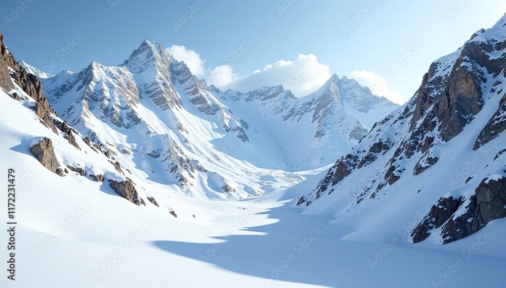 Snow-covered mountainside with rocky outcrops and drifts of fresh powder snow, powdery snow, frosty Snow-covered mountainside with rocky outcrops and drifts of fresh powder snow, powdery snow, frosty