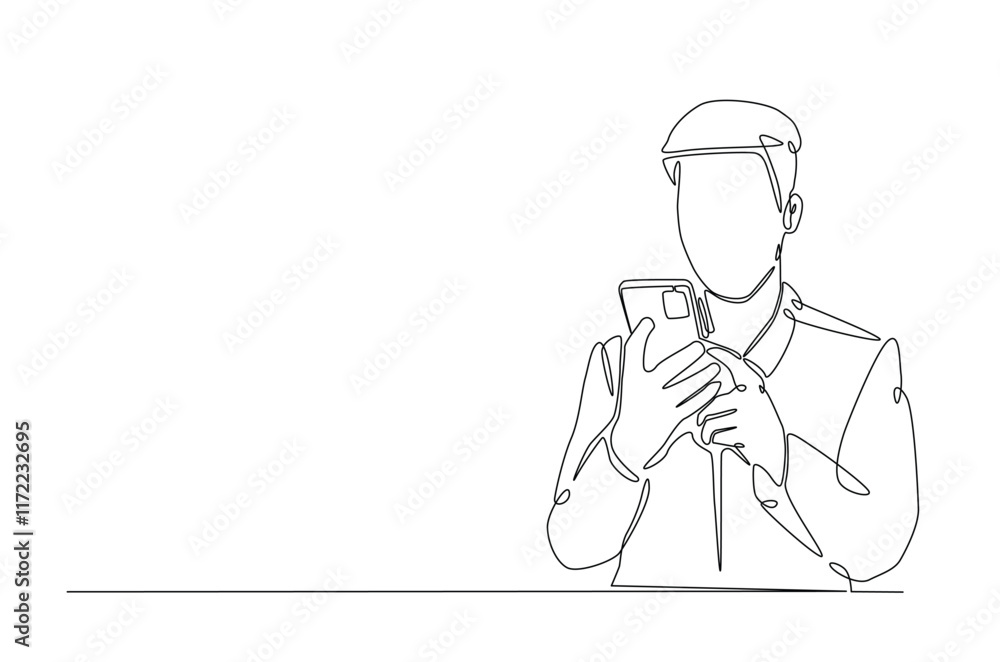 Man holding smartphone in continuous one line drawing. Single line art illustration of businessman holding phone. Editable vector.