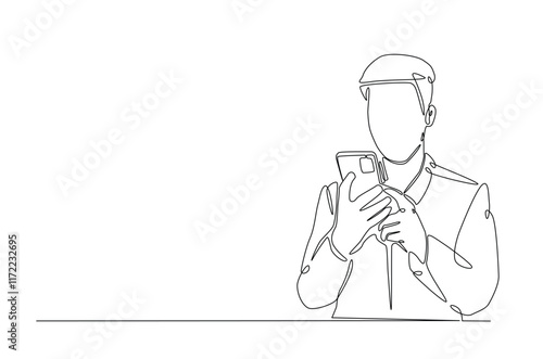Man holding smartphone in continuous one line drawing. Single line art illustration of businessman holding phone. Editable vector.