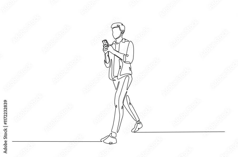 Man holding smartphone in continuous one line drawing. Single line art illustration of businessman holding phone. Editable vector. Man holding smartphone in continuous one line drawing. Single line art illustration of businessman holding phone. Editable vector.