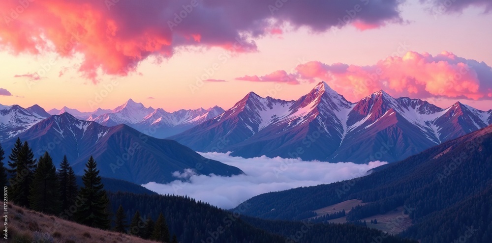 Soft pink clouds envelop the mountains as sunset approaches, Colorado mountains, alpine landscapes, sunset clouds Soft pink clouds envelop the mountains as sunset approaches, Colorado mountains, alpine landscapes, sunset clouds