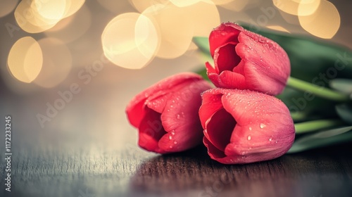 Two delicate pink tulips rest gracefully on a table, adorned with glistening water droplets that enhance their romantic allure and symbolize love's freshness.