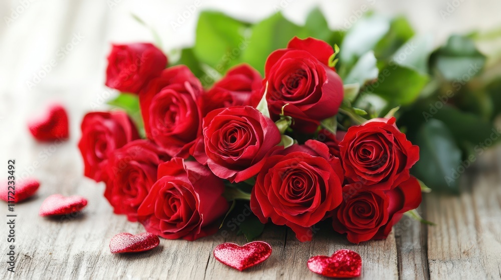 A charming display of vibrant roses and delicate hearts rests on a rustic wooden table, beautifully contrasting against a soft white background. A charming display of vibrant roses and delicate hearts rests on a rustic wooden table, beautifully contrasting against a soft white background.