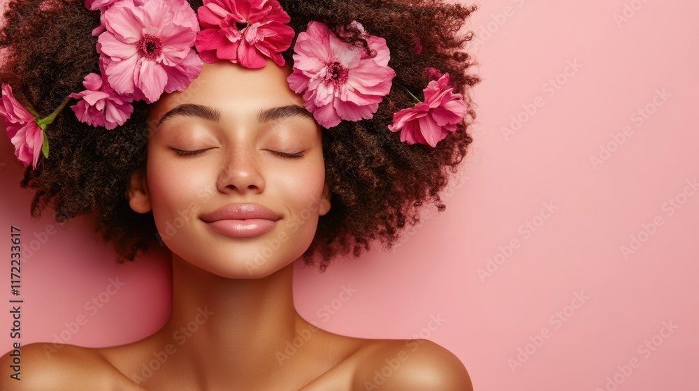 A serene woman adorned with vibrant flowers in her hair, eyes gently shut, embodies the essence of love and tranquility on Valentine's Day. A serene woman adorned with vibrant flowers in her hair, eyes gently shut, embodies the essence of love and tranquility on Valentine's Day.