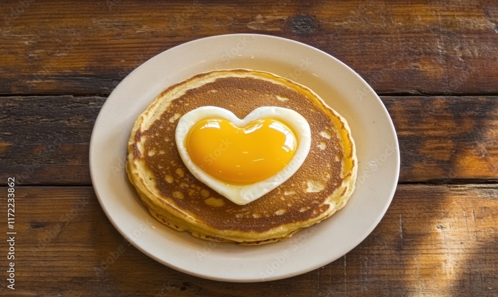 Heart-shaped egg on pancake, wooden table, breakfast