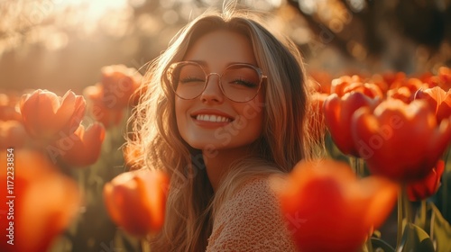 A joyful woman in glasses stands amidst vibrant red tulips, celebrating love and beauty in a colorful, enchanting garden on Valentine's Day.