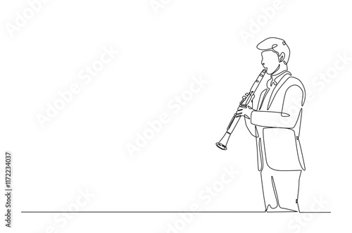 Clarinet player in continuous one line drawing. Single line art illustration of man holding clarinet music instrument. Editable vector.