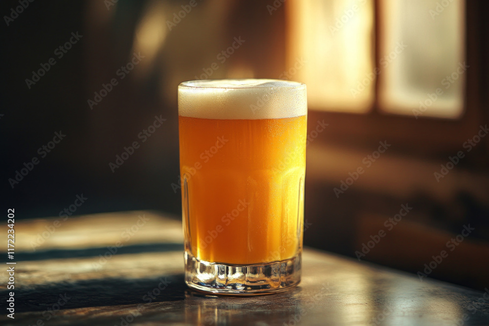 Glass of beer on table with foam spilling over the brim. Background shows cozy pub atmosphere. Glass of beer on table with foam spilling over the brim. Background shows cozy pub atmosphere.
