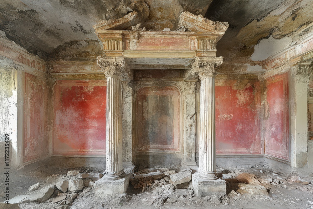 Ruined classical room with damaged columns and red walls Ruined classical room with damaged columns and red walls