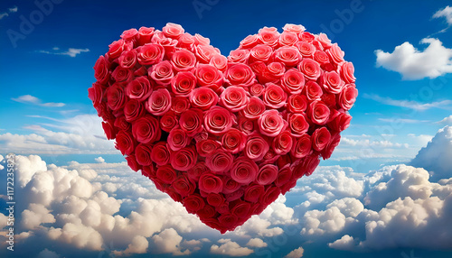 A romantic heart-shaped arrangement made entirely of roses, floating in the sky, creating the perfect Valentine's Day scene photo