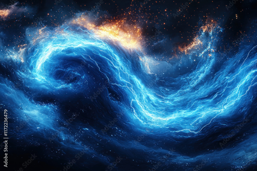 Electric wave swirling in space with fiery nebula background, energy concept Electric wave swirling in space with fiery nebula background, energy concept