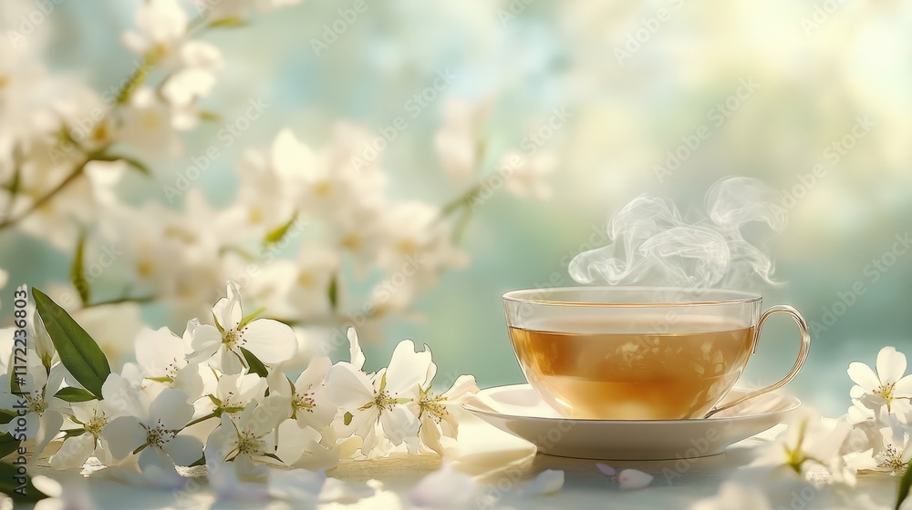 A serene floral tea scene with a porcelain cup of steaming jasmine tea, paired with fresh white blossoms and a pastel backdrop for a calming effect A serene floral tea scene with a porcelain cup of steaming jasmine tea, paired with fresh white blossoms and a pastel backdrop for a calming effect