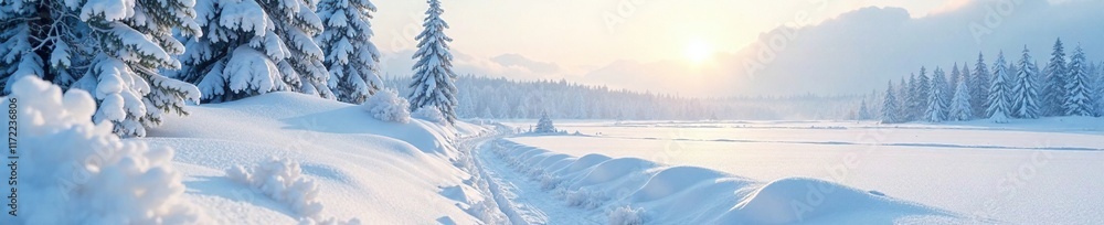 White snow drifts on a sunlit snowy landscape, cold weather, snowy terrain, frosty morning