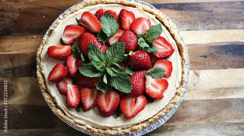 Fresh strawberry and mint dessert pie on a wooden board. photo