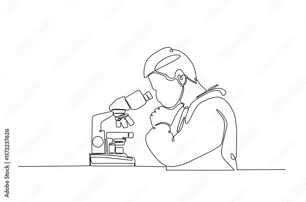Scientist working using microscope in continuous one line drawing. Single line art illustration of scientist. Editable vector. Scientist working using microscope in continuous one line drawing. Single line art illustration of scientist. Editable vector.
