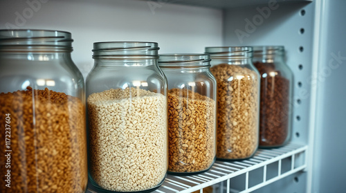 Glass jars filled with assorted grains and legumes lined on a pantry shelf, showcasing an organized and eco-conscious storage solution photo