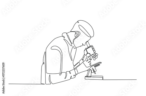 Scientist working using microscope in continuous one line drawing. Single line art illustration of scientist. Editable vector.