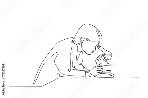 Scientist working using microscope in continuous one line drawing. Single line art illustration of scientist. Editable vector.