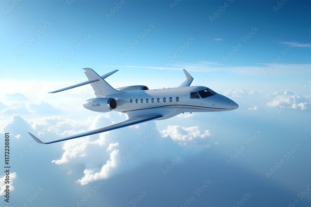 Luxury private jet at flying under blue sky with clouds. copy space for text Luxury private jet at flying under blue sky with clouds. copy space for text