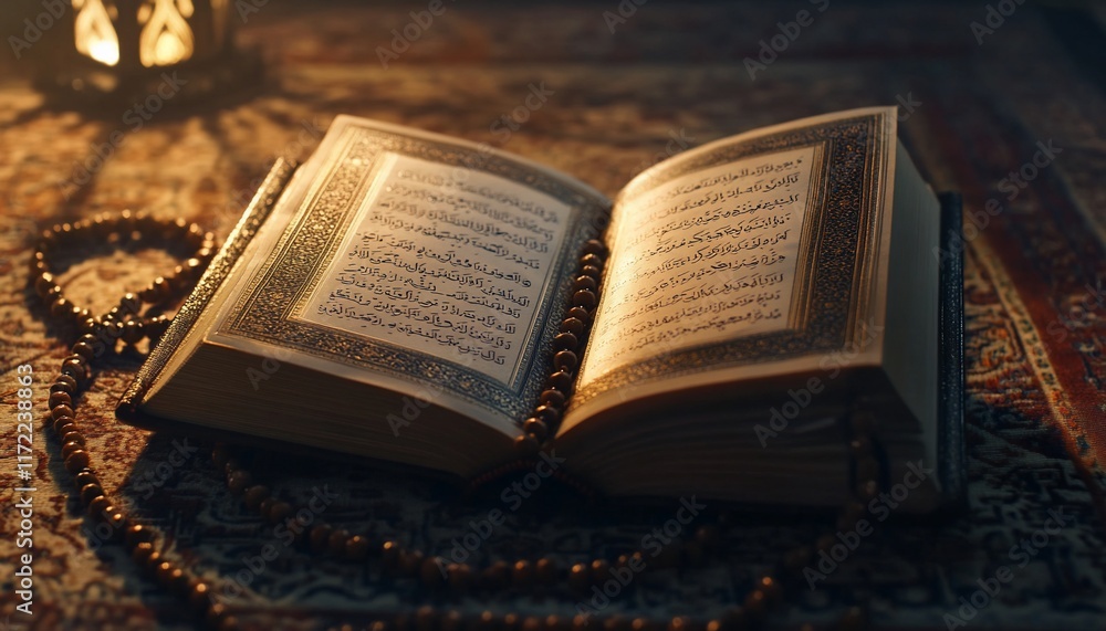 Fototapeta premium An open book with Arabic text, surrounded by prayer beads and a lantern.
