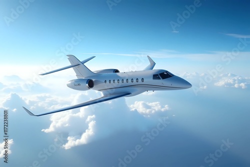 Luxury private jet at flying under blue sky with clouds. copy space for text