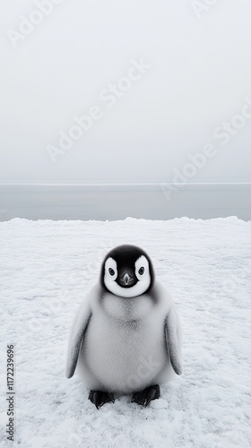 A cute penguin chick stands on a snowy landscape with a calm ocean in the background. photo