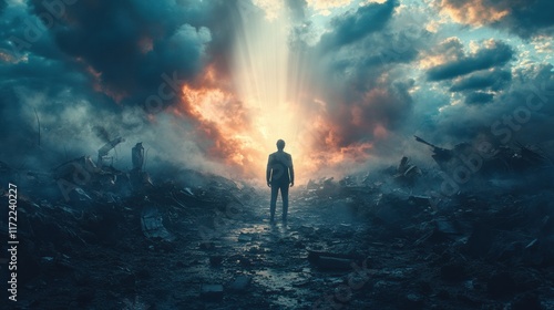 Wallpaper Mural A man stands in the middle of a desolate landscape, surrounded by rubble Torontodigital.ca