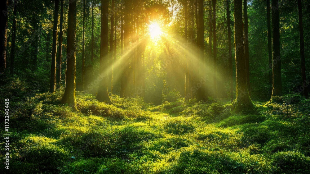 Fototapeta premium Sunlight streams through forest canopy, mossy ground. Possible use nature wallpaper