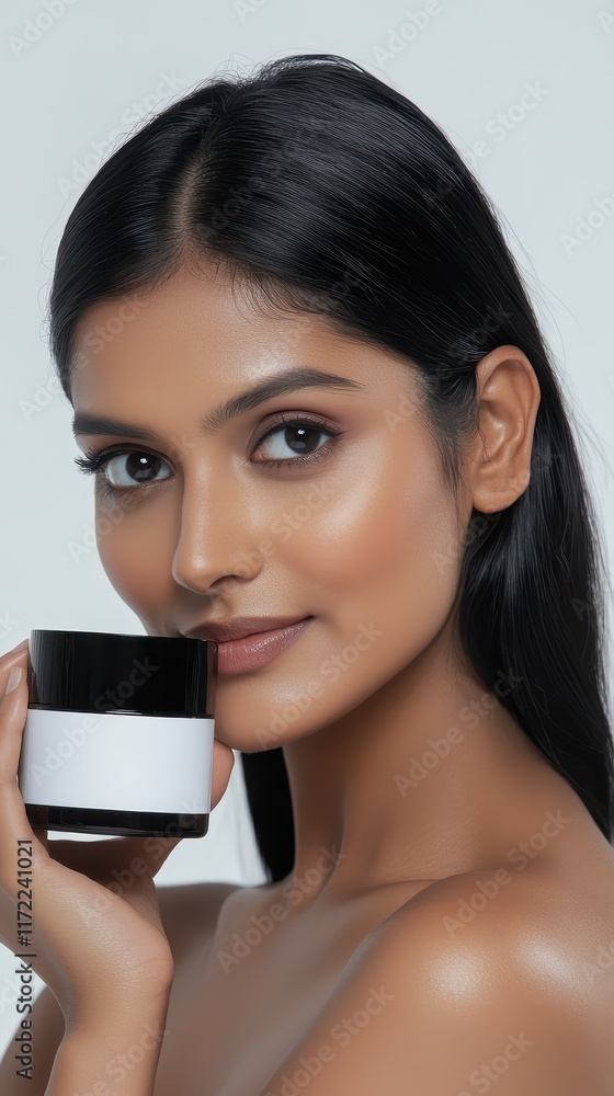 Stunning Woman with Glowing Skin Holding a Jar of Luxurious Cream, Beauty and Skincare Product Advertisement Stunning Woman with Glowing Skin Holding a Jar of Luxurious Cream, Beauty and Skincare Product Advertisement