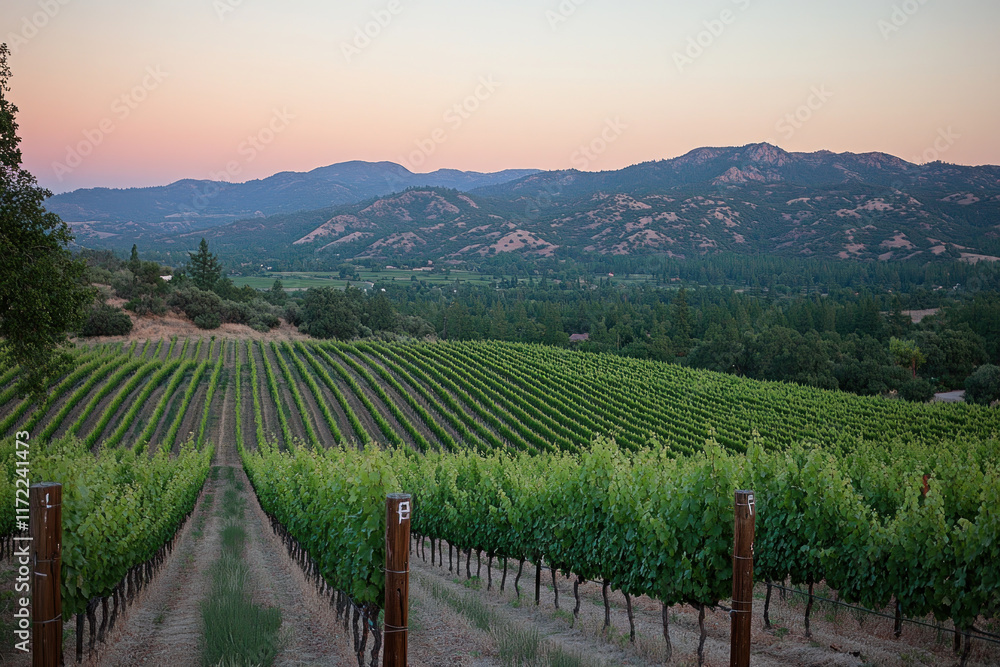 Fototapeta premium Sunset over lush vineyard with neat rows of grapevines beneath a colorful sky, casting long shadows.