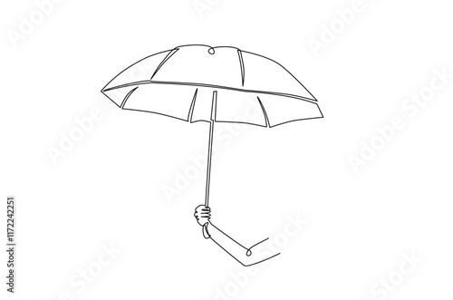 Hand holding umbrella in continuous one line drawing. Single line art illustration of umbrella. Editable vector.