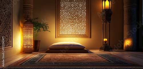 A peaceful interior scene of an intricately decorated prayer room, with soft lighting highlighting a prayer mat and Quran stand. photo