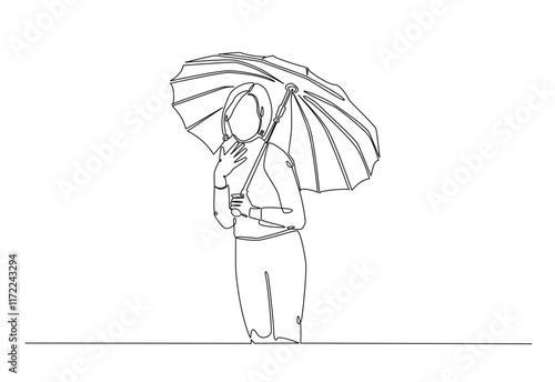 Woman holding umbrella in continuous one line drawing. Single line art illustration of lyoung lady holds umbrella. Editable vector.