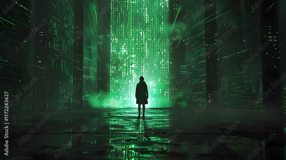 Hacker Facing Towering Wall of Encrypted Data in Shadowy Steampunk Room Hacker Facing Towering Wall of Encrypted Data in Shadowy Steampunk Room