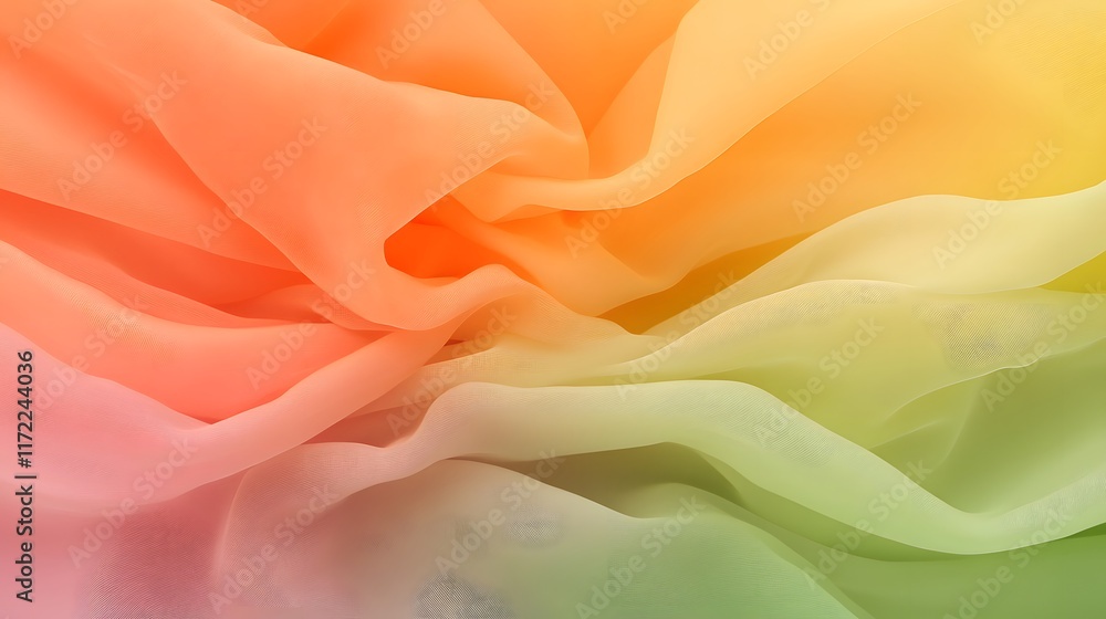 Obraz premium Soft and Flowing Fabric Texture with Gradient Hues of Orange, Yellow, and Green Ideal for Backgrounds, Textures, and Creative Design Projects