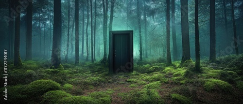 The door stands imposingly in a mystical forest clearing, inviting exploration into the unknown photo