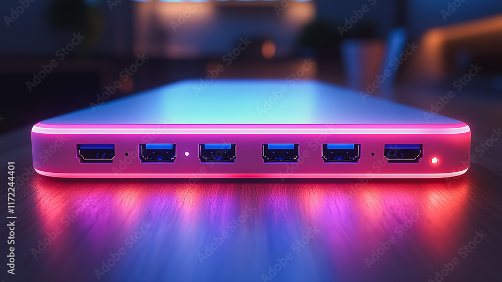 Power Bank with Neon Glow: A close-up of a sleek, white power bank with vibrant pink and blue neon lights illuminating its ports. Power Bank with Neon Glow: A close-up of a sleek, white power bank with vibrant pink and blue neon lights illuminating its ports.