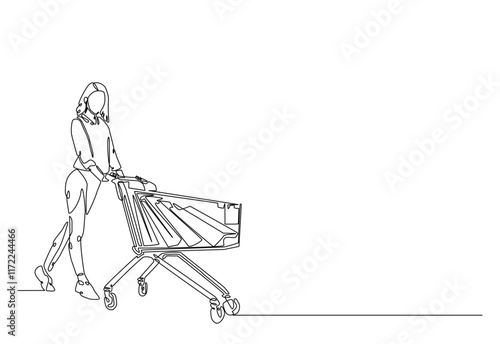 Woman holding trolley shopping cart in continuous one line drawing. Single line art illustration of shopping time . Editable vector.