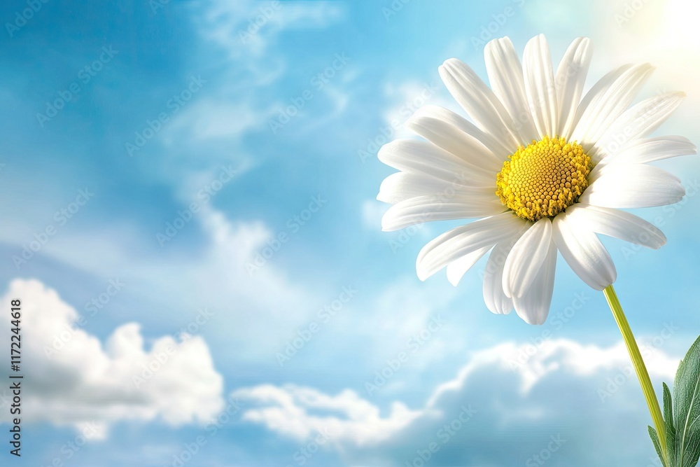A single daisy flower against a bright blue sky with clouds, symbolizing nature's beauty. A single daisy flower against a bright blue sky with clouds, symbolizing nature's beauty.